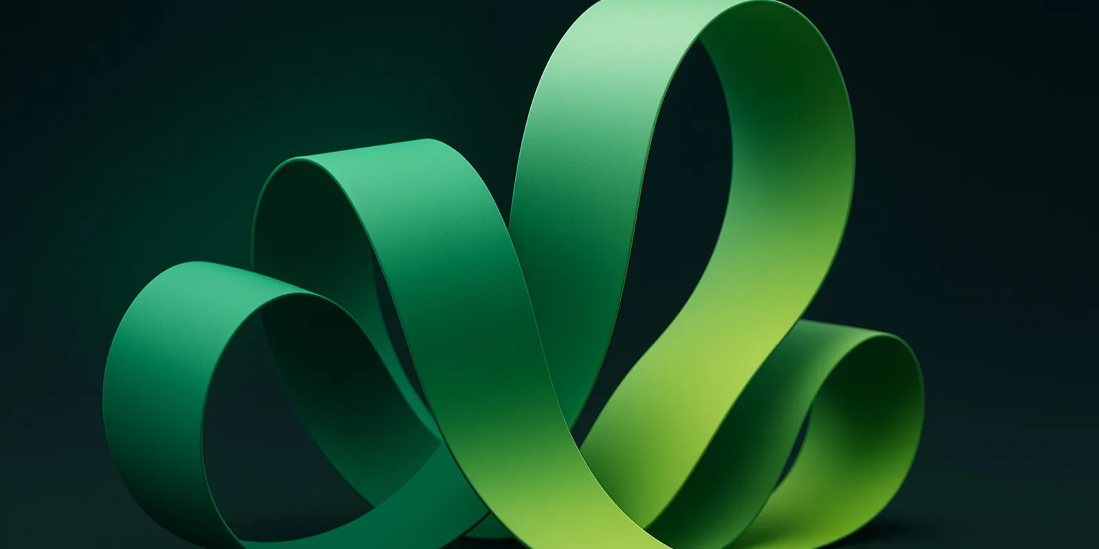 Ruban sculpté aux reflets vert et lime, enroulé en boucles sur un fond vert très sombre