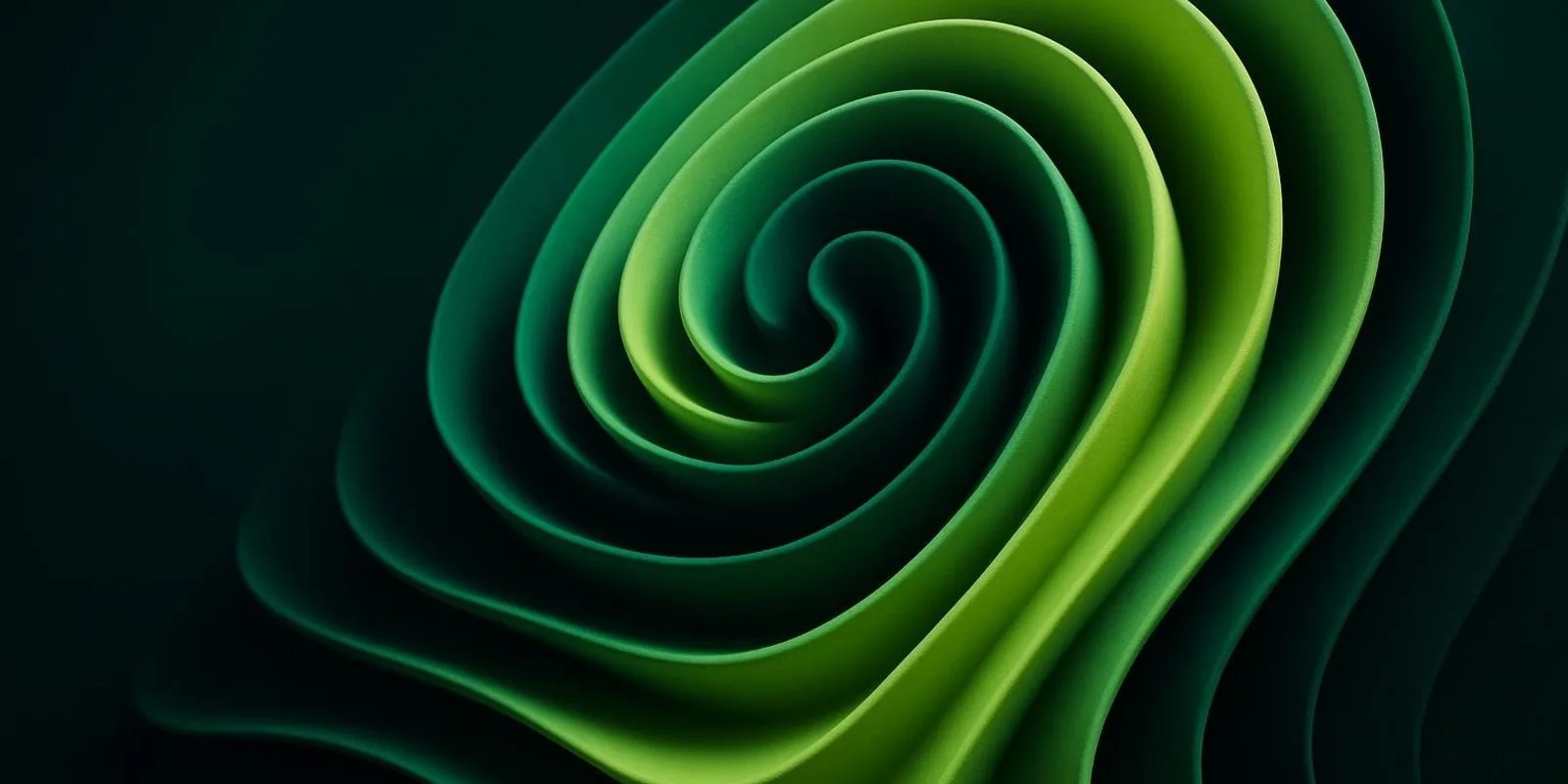 Spirale de couches vertes et lime imbriquées sur un fond vert très sombre