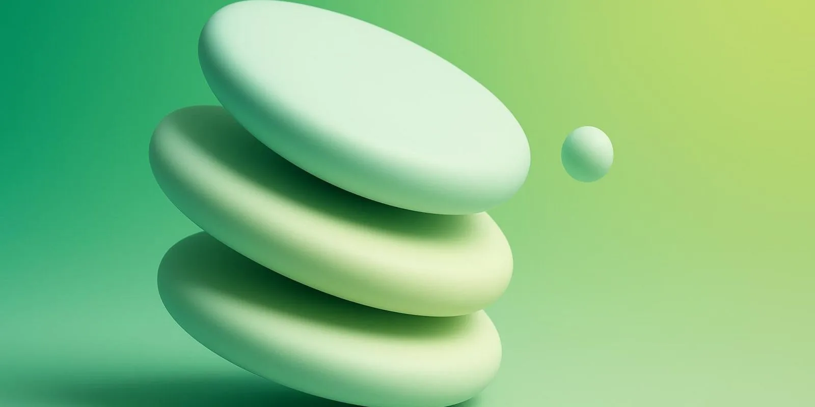 Trois galets vert pâle empilés en équilibre et une petite sphère, sur un fond dégradé vert et lime